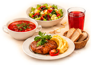 Полный комплексный обед с салатом, супом и горячим